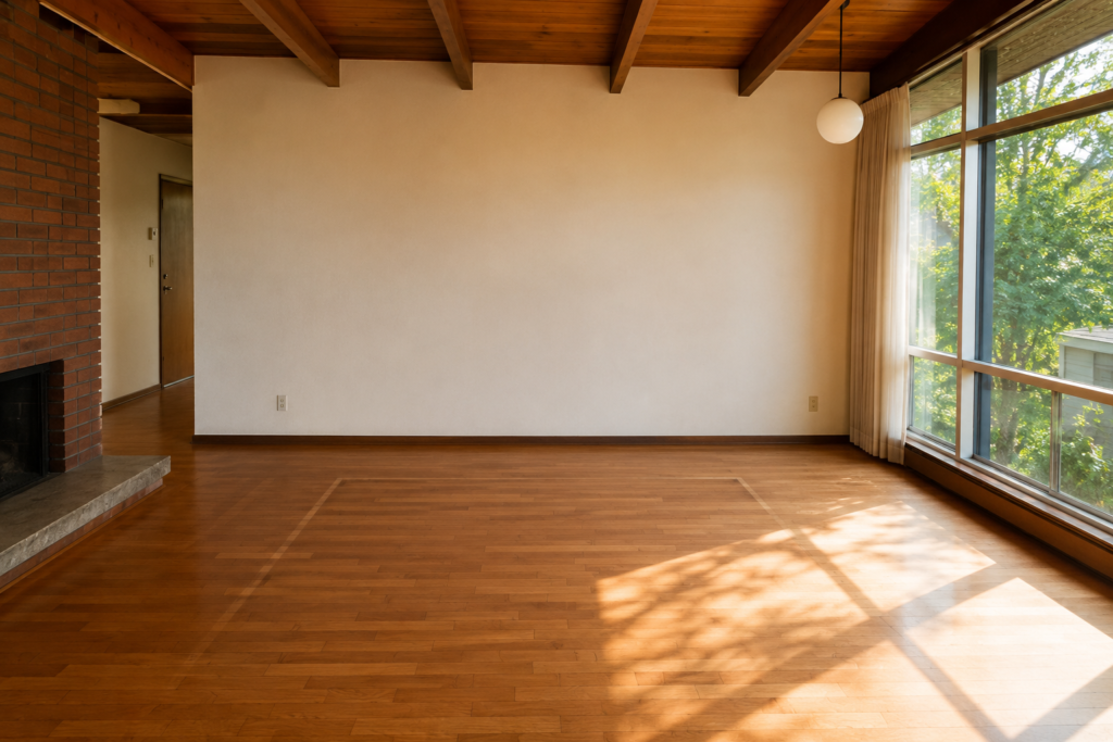 Empty living room after same day couch removal in London Ontario